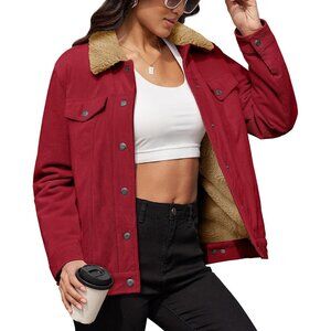 Women's Casual Red Button Down Jacket Coat Fleece Lined Winter Warm Pockets